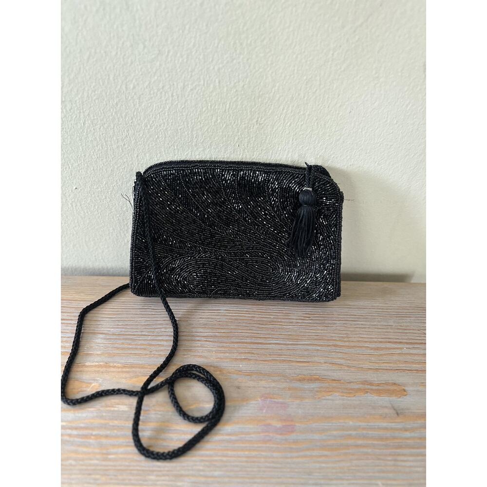 VTG Lord & Taylor Black Beaded Evening Bag Womens Small Purse Handbag Crossbody